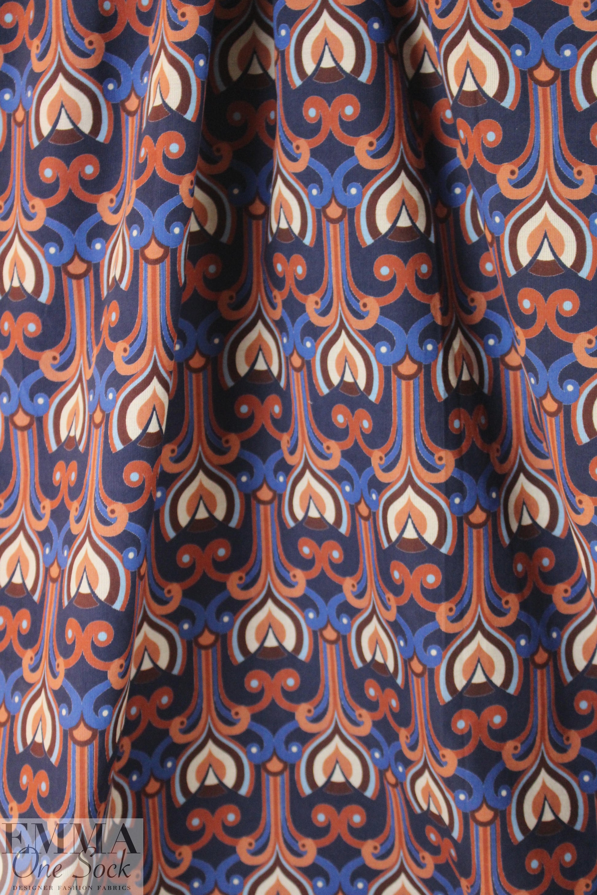 Italian art deco stretch corduroy - navy/clay 2.125 yd