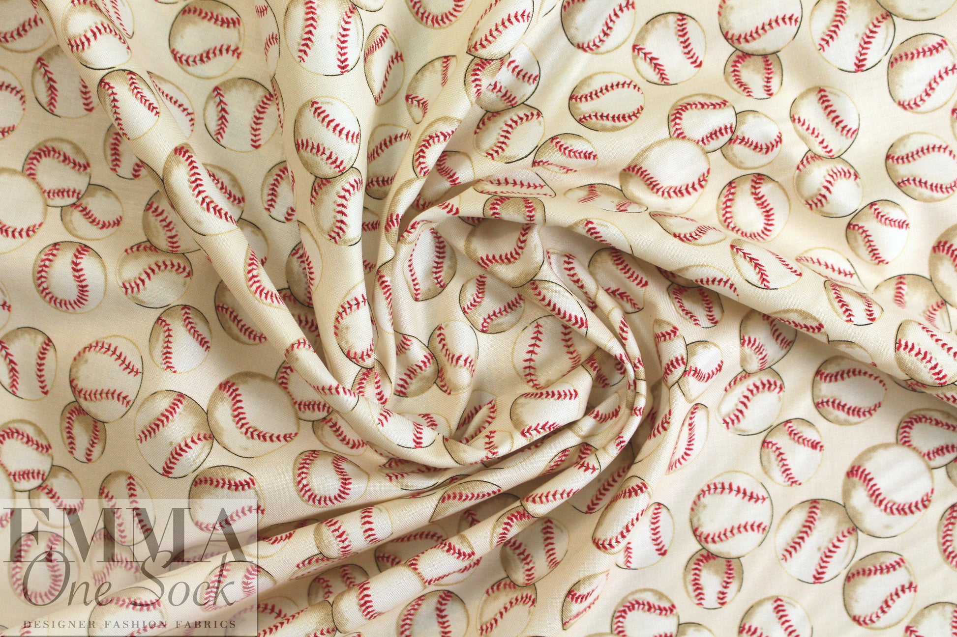 NY designer 'baseball anyone?' cotton woven