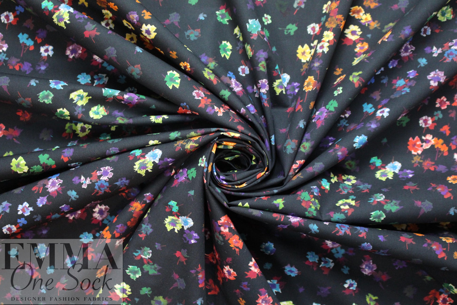 Italian colorful flowers on black cotton shirting