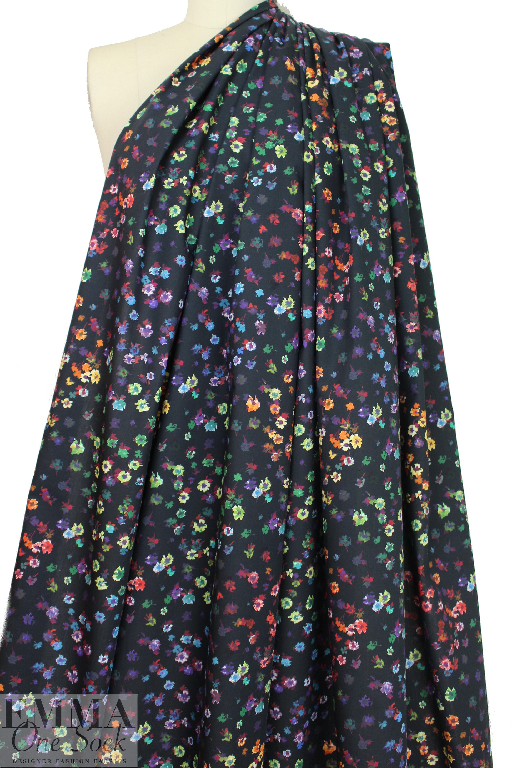 Italian colorful flowers on black cotton shirting