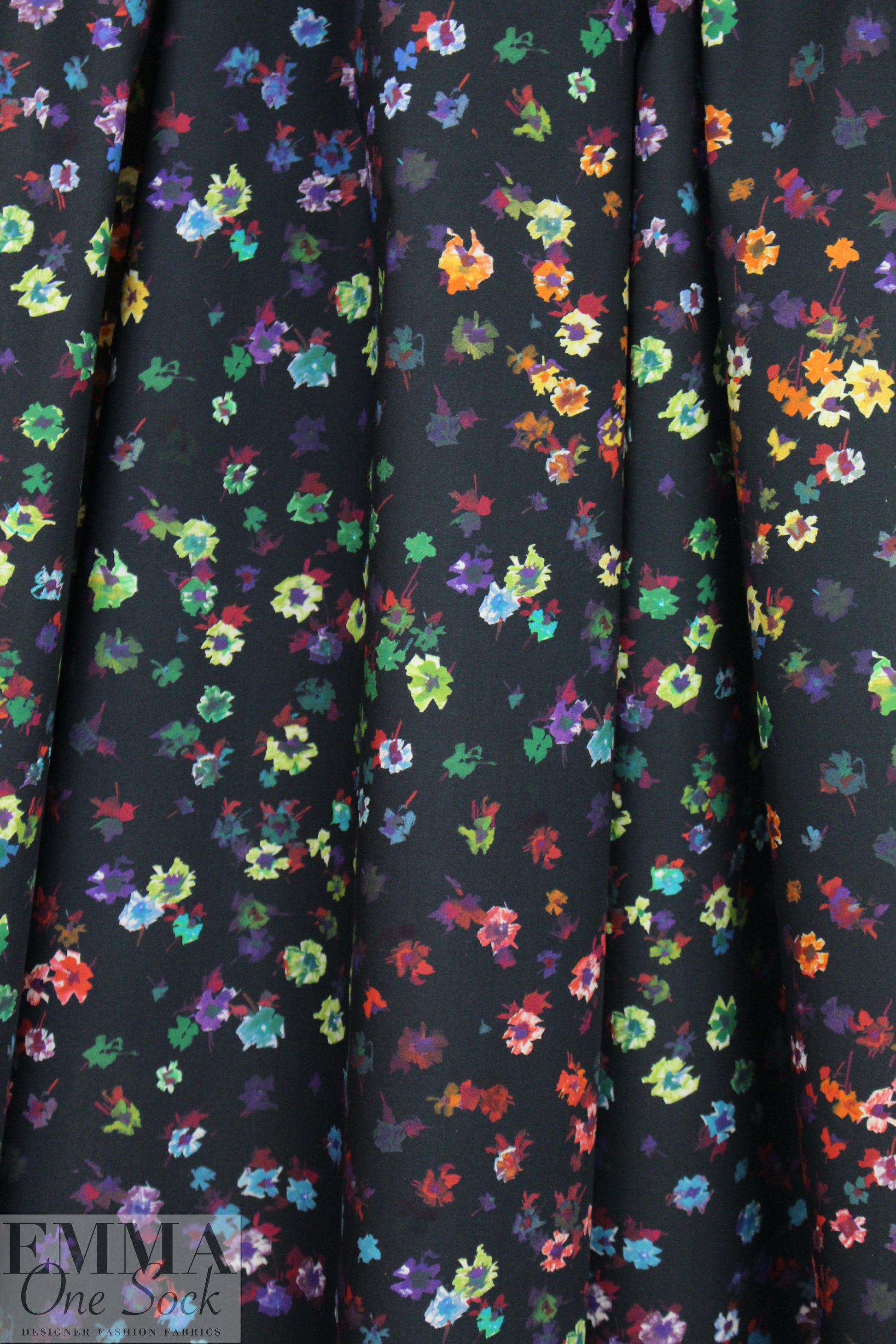 Italian colorful flowers on black cotton shirting