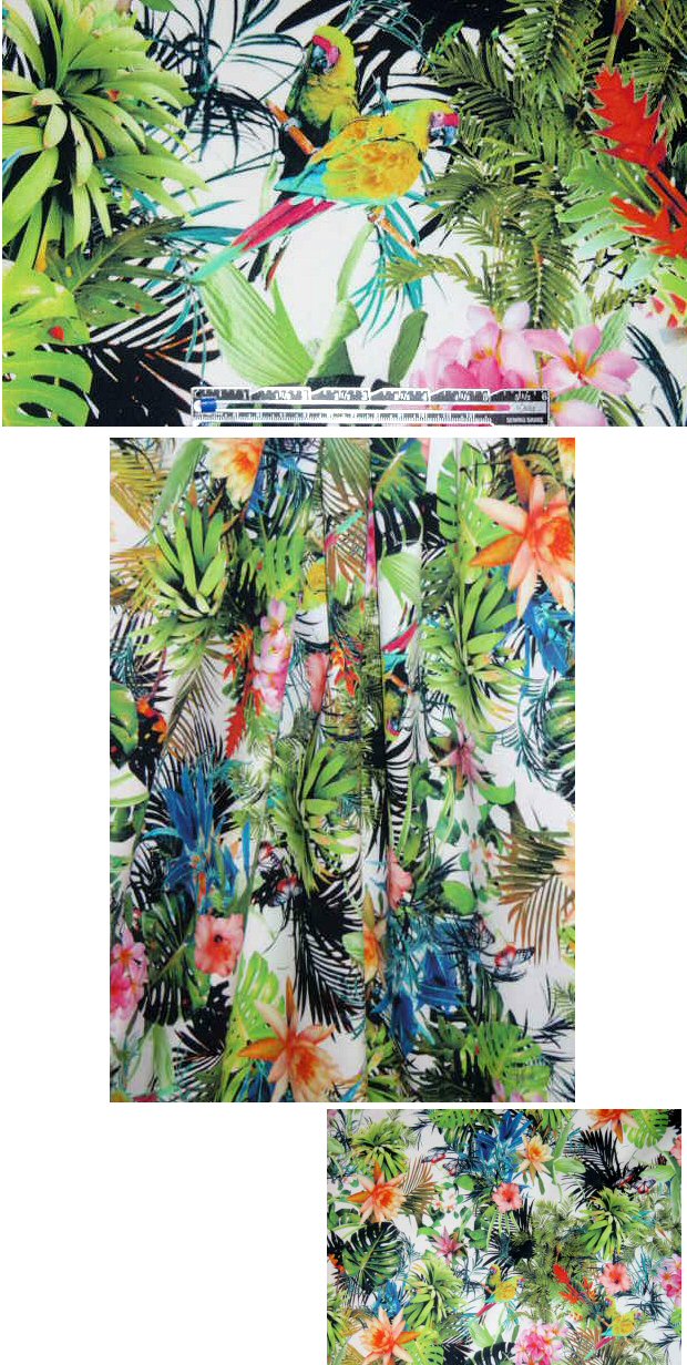 French tropic flowers and birds print stretch twill