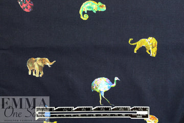 Italian colorful critters on midnight cotton shirting