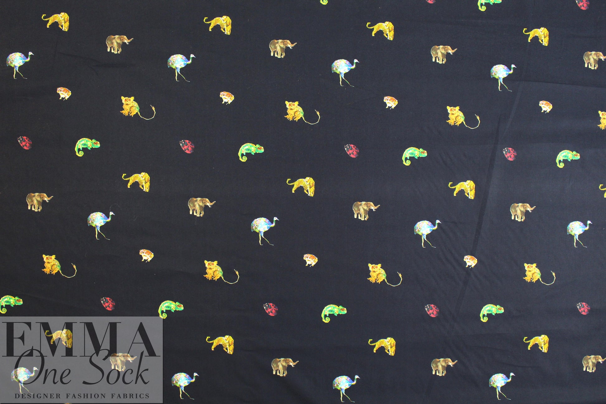Italian colorful critters on midnight cotton shirting