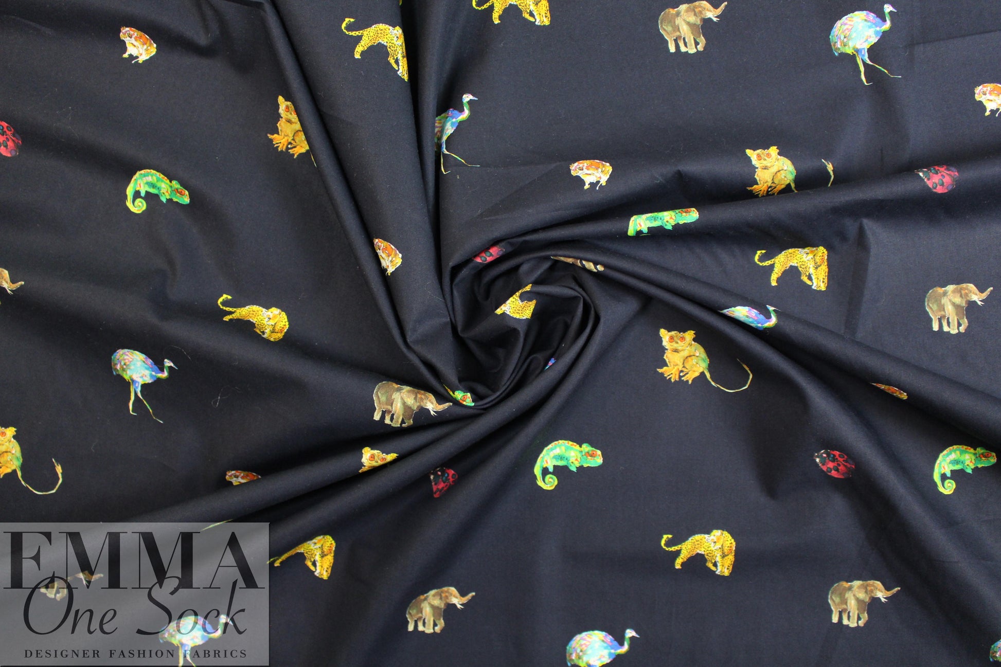 Italian colorful critters on midnight cotton shirting