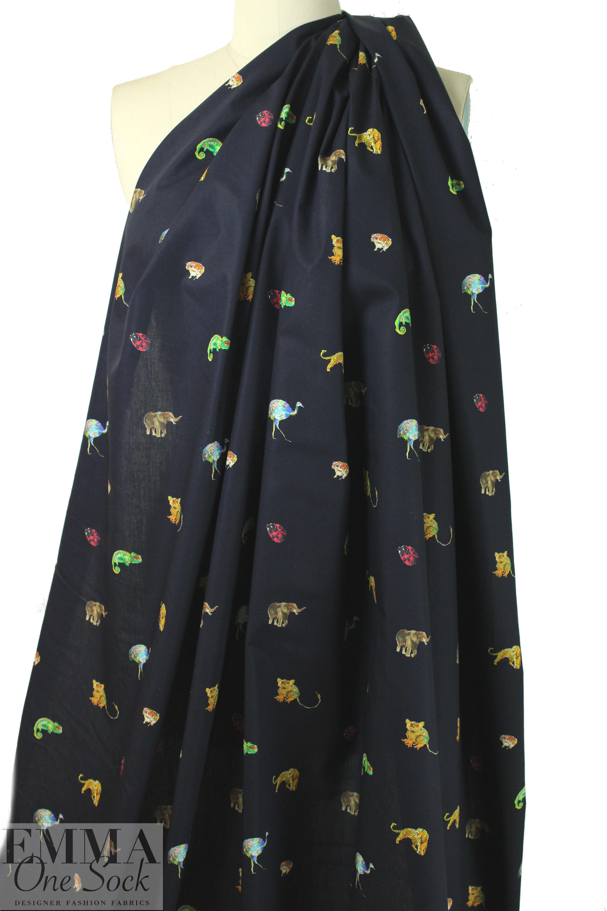 Italian colorful critters on midnight cotton shirting