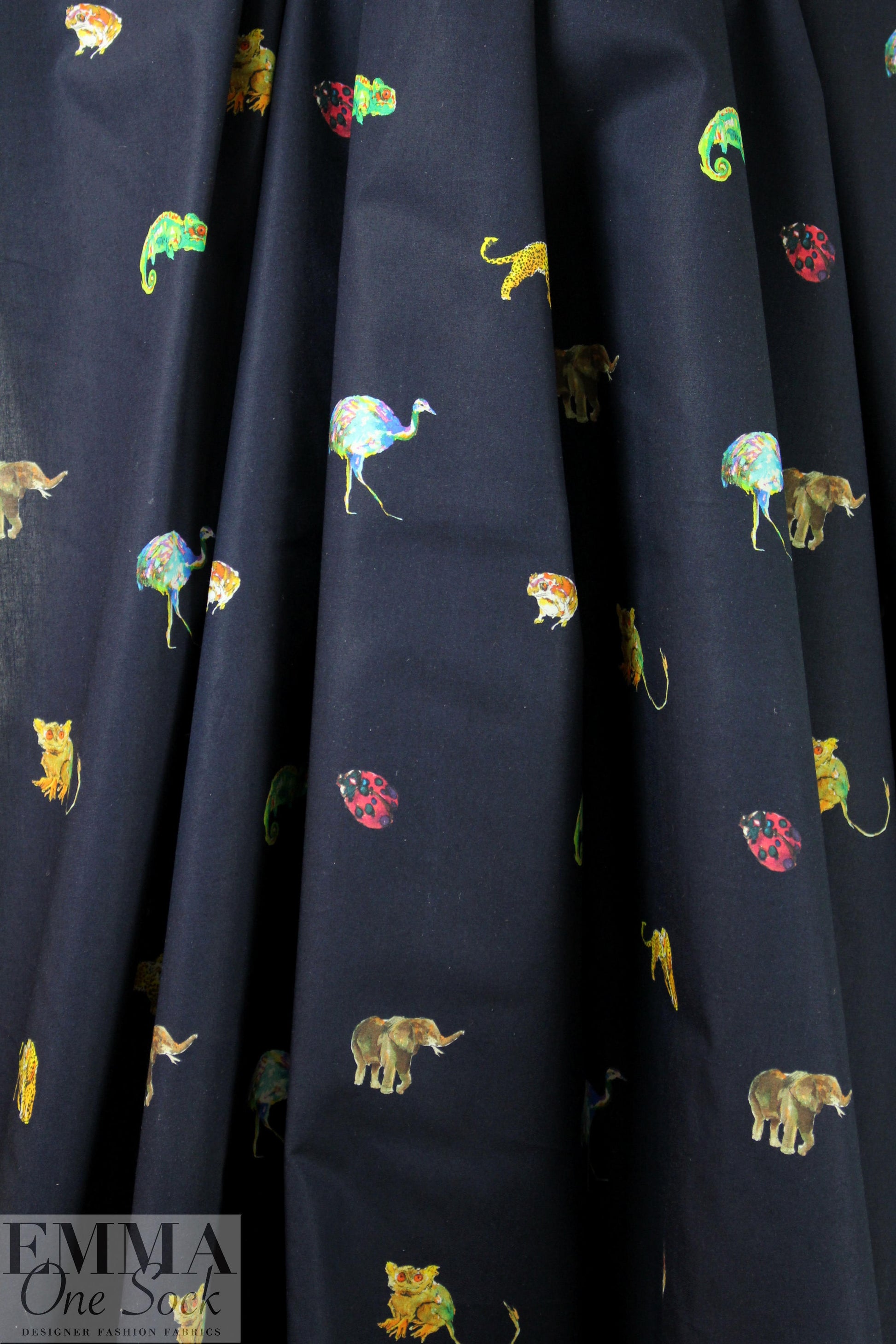 Italian colorful critters on midnight cotton shirting