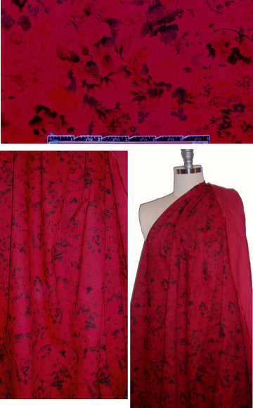 French vintage black floral on red stretch twill