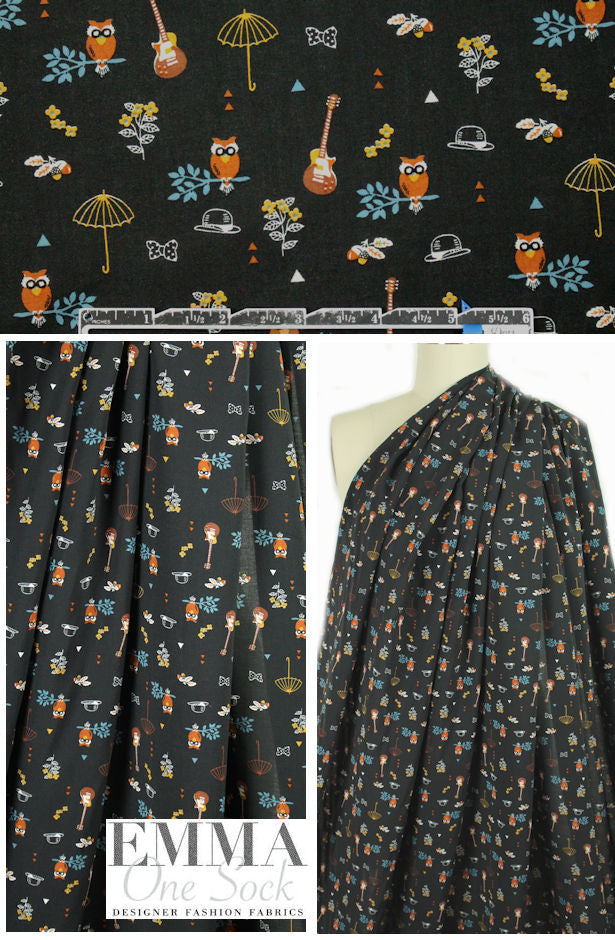 French viscose woven - owls and friends 1.125 yds