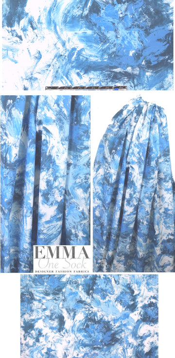 Italian blue painterly abstract cotton shirting