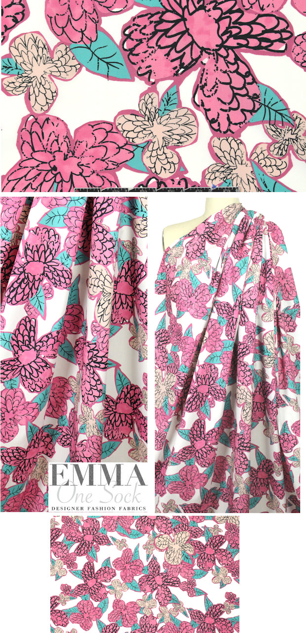 Italian pink/aqua stylized floral cotton shirting