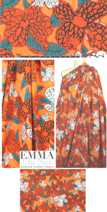 Italian orange/teal stylized floral cotton shirting