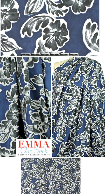 M@x Mara navy/b-w painterly floral cotton shirting