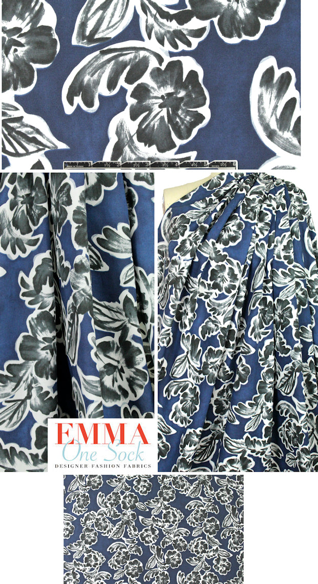M@x Mara navy/b-w painterly floral cotton shirting 1.33 yds