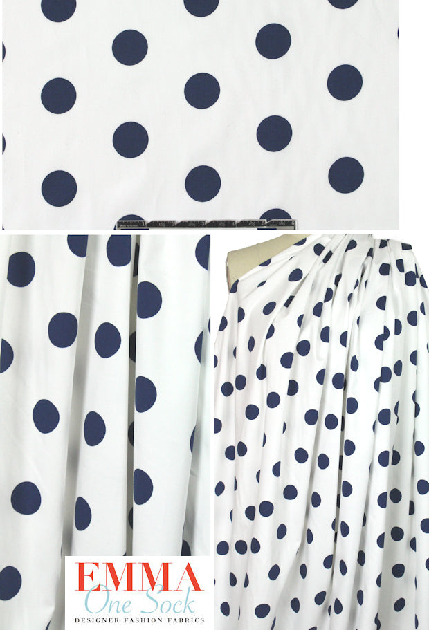 navy dots on white cotton stretch woven