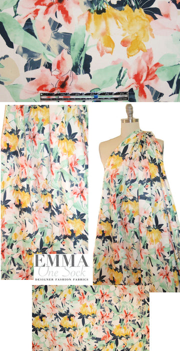 mint/navy/lemon floral cotton/spandex sateen .75 yds