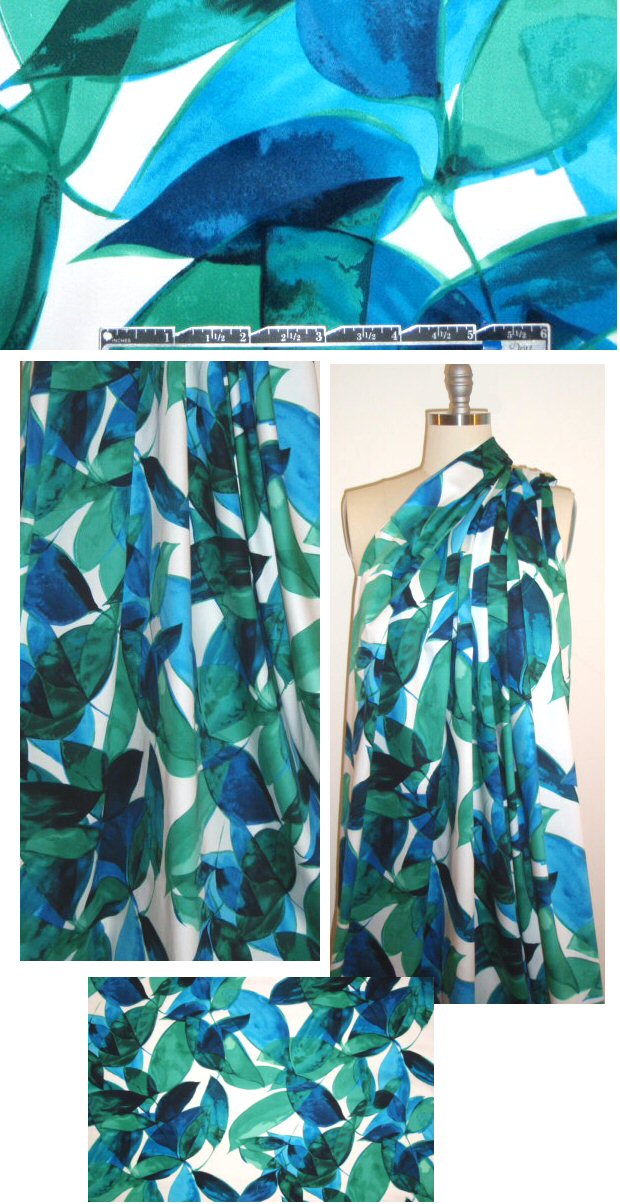 blue/green leaf collage stretch cotton sateen 1.625 yds