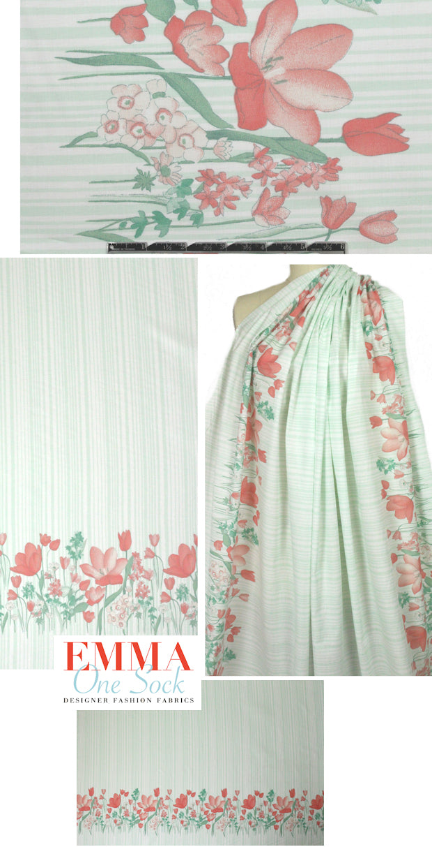 NY designer peach/mint floral border cotton lawn 1.33 yd