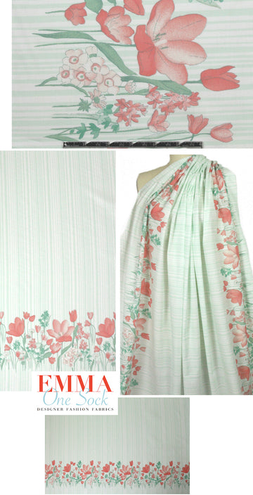 NY designer peach/mint floral border cotton lawn 2.375 yds