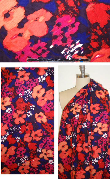 NY designer coral/navy floral cotton damask 1.5 yd