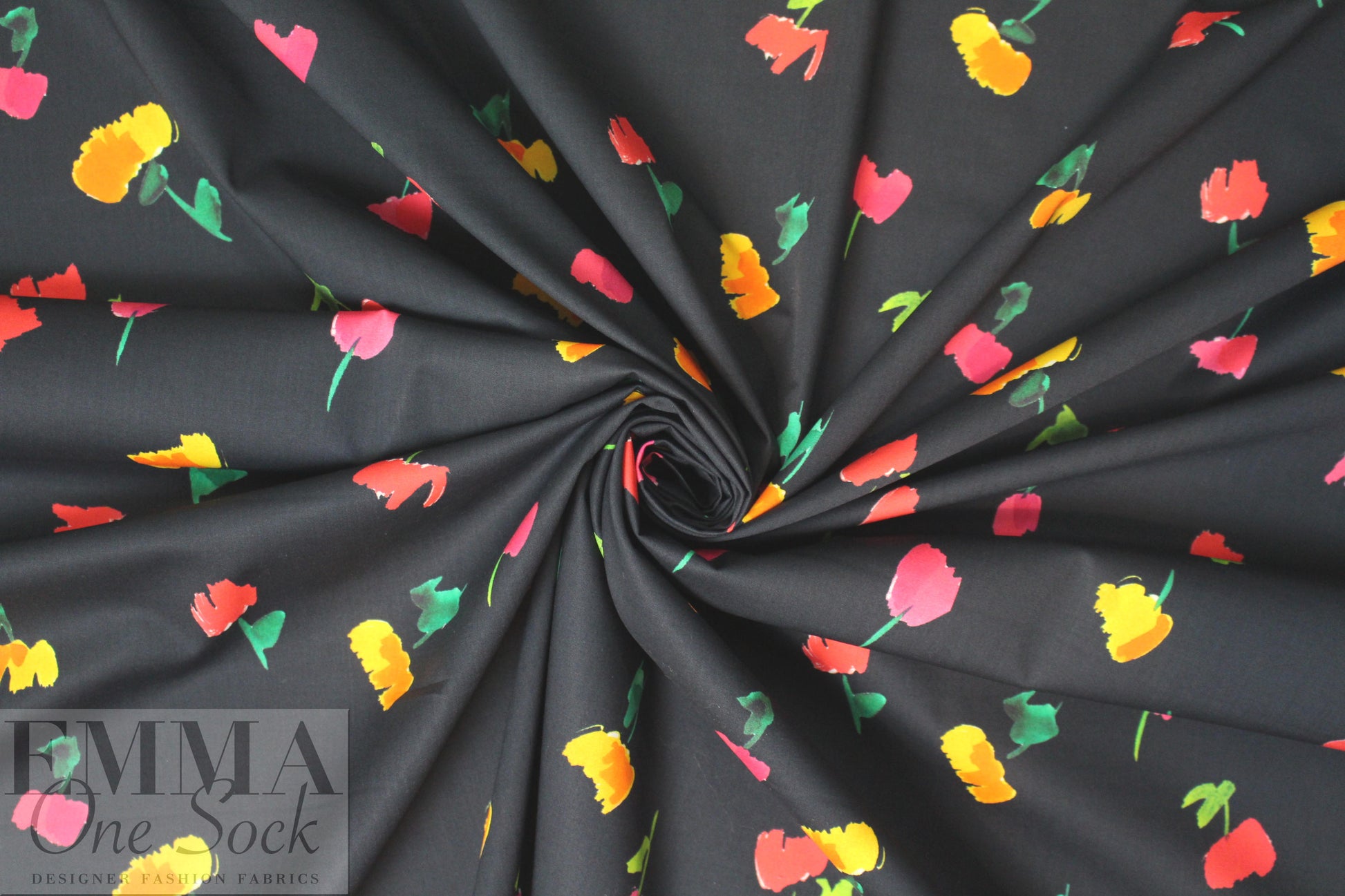 Caroline C0nstas little flowers on black cotton stretch shirting
