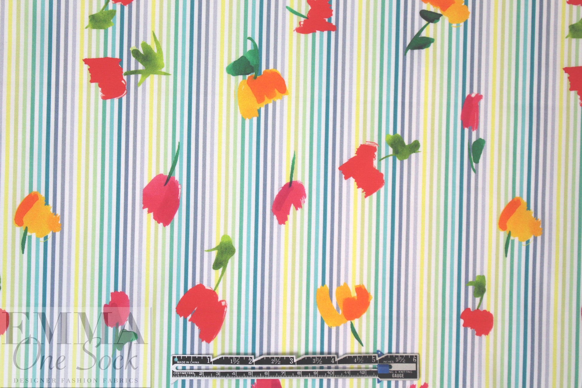 Caroline C0nstas flowers on stripes cotton stretch shirting