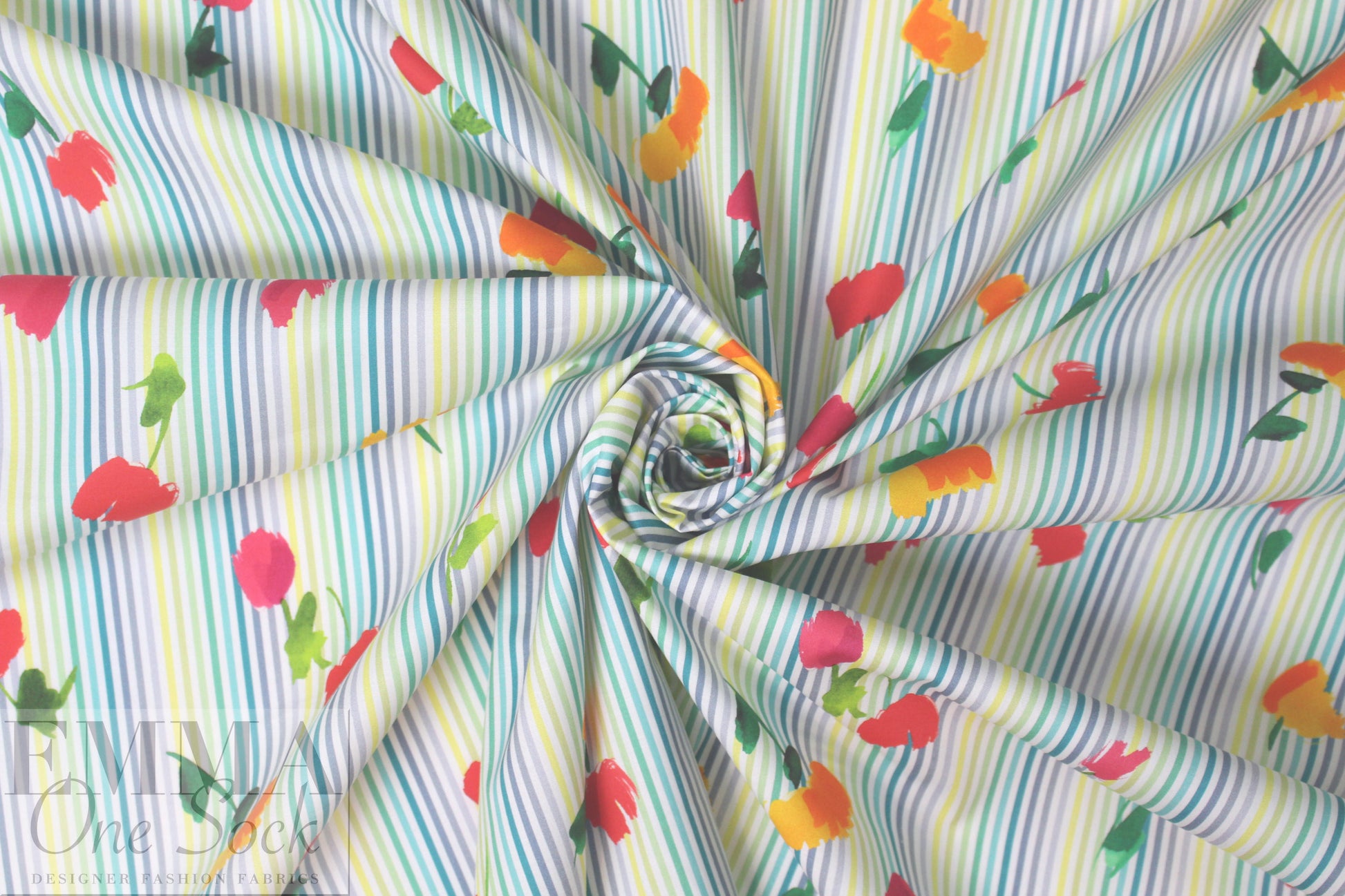 Caroline C0nstas flowers on stripes cotton stretch shirting