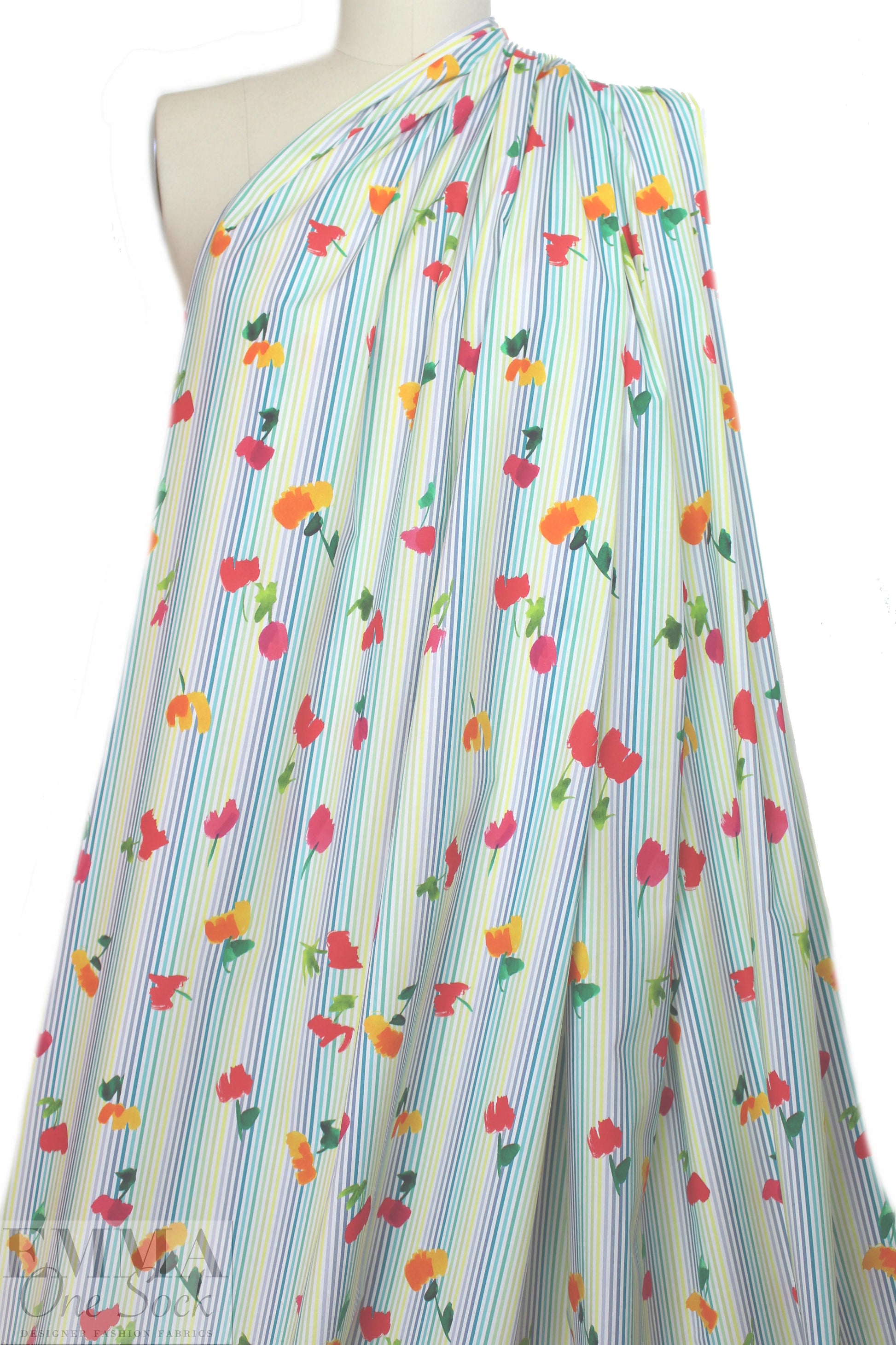 Caroline C0nstas flowers on stripes cotton stretch shirting