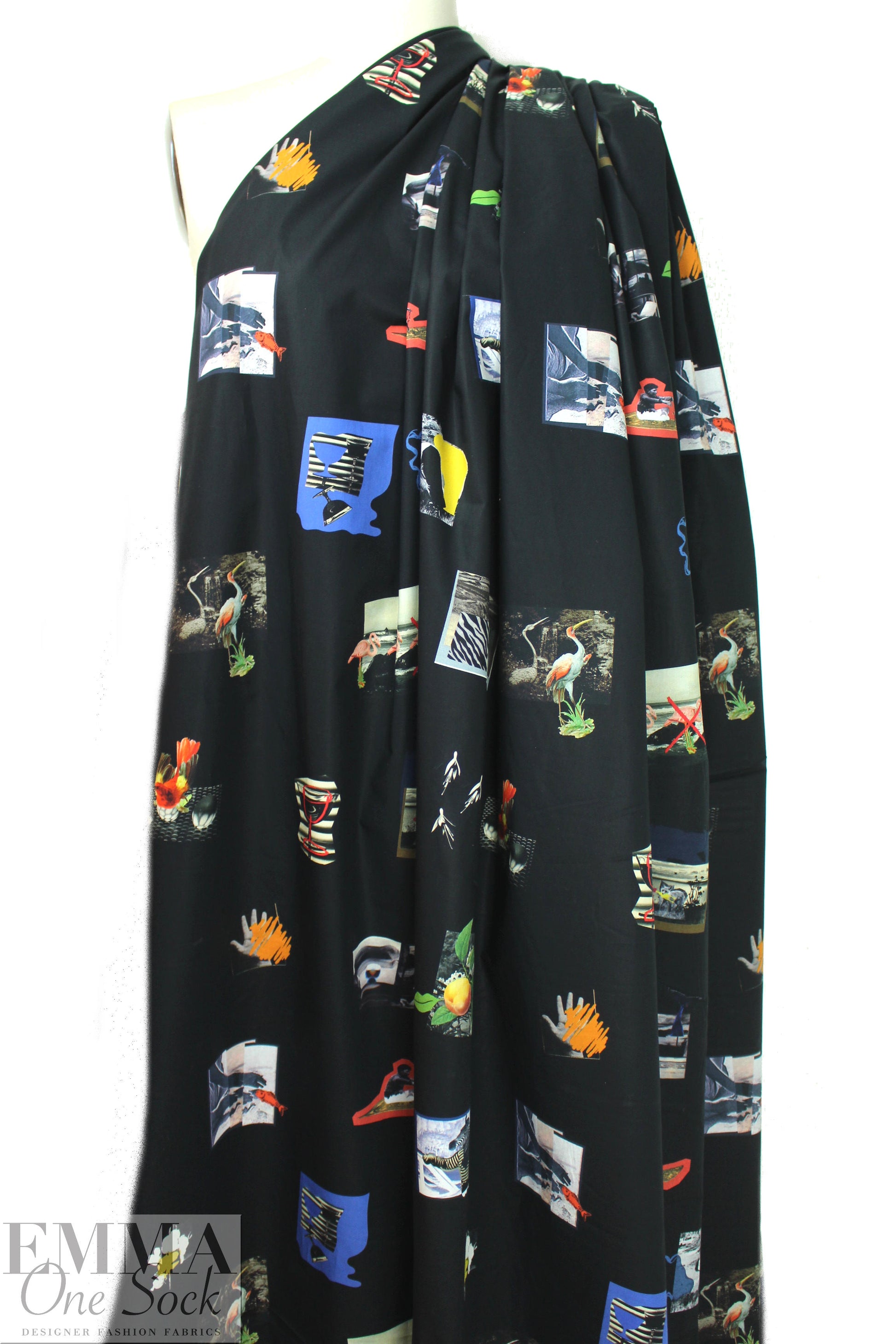 Pau1 Smith quirky stamps on black cotton shirting