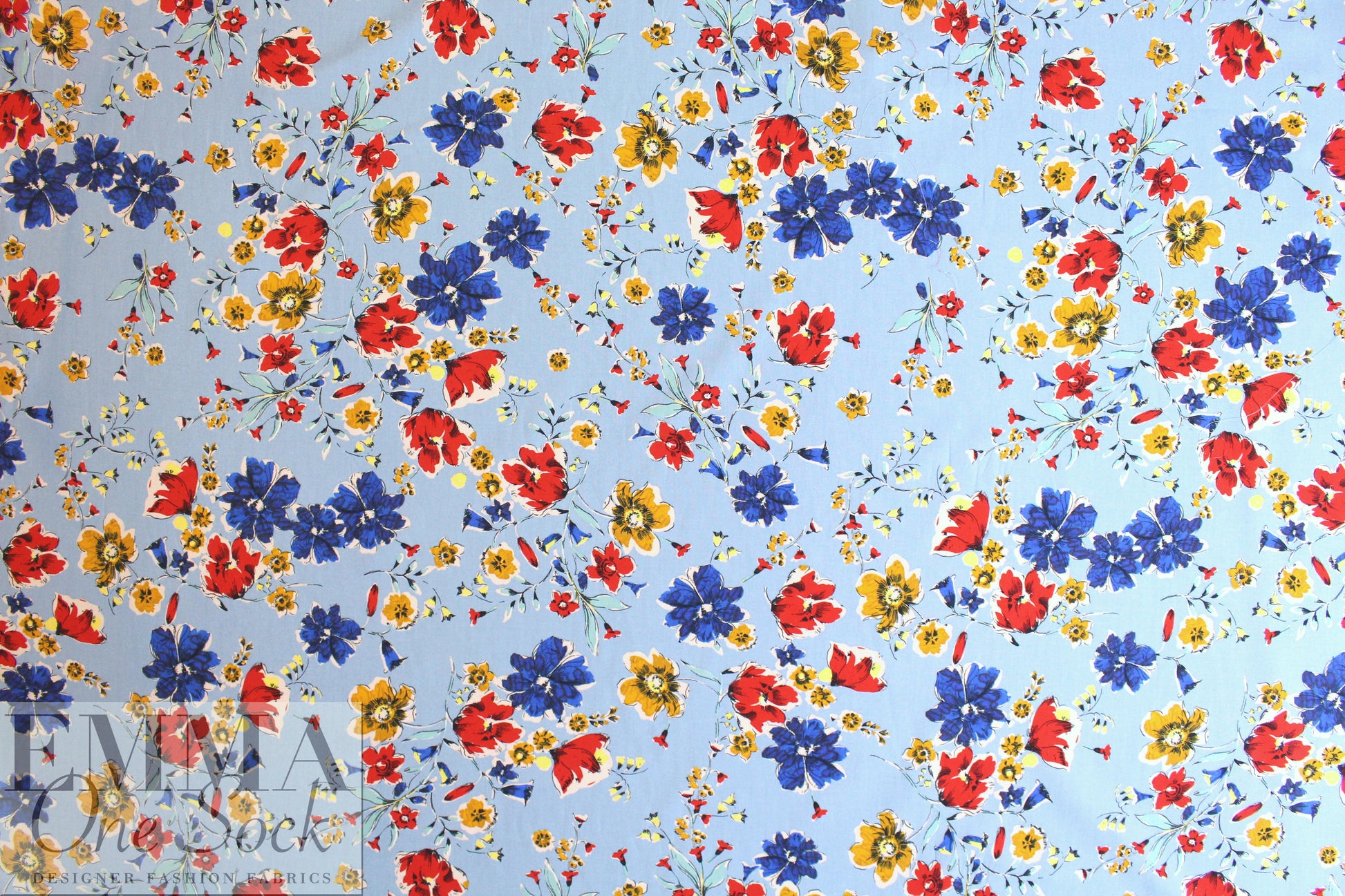 Italian blue/red/mustard 'les fleurs' cotton woven