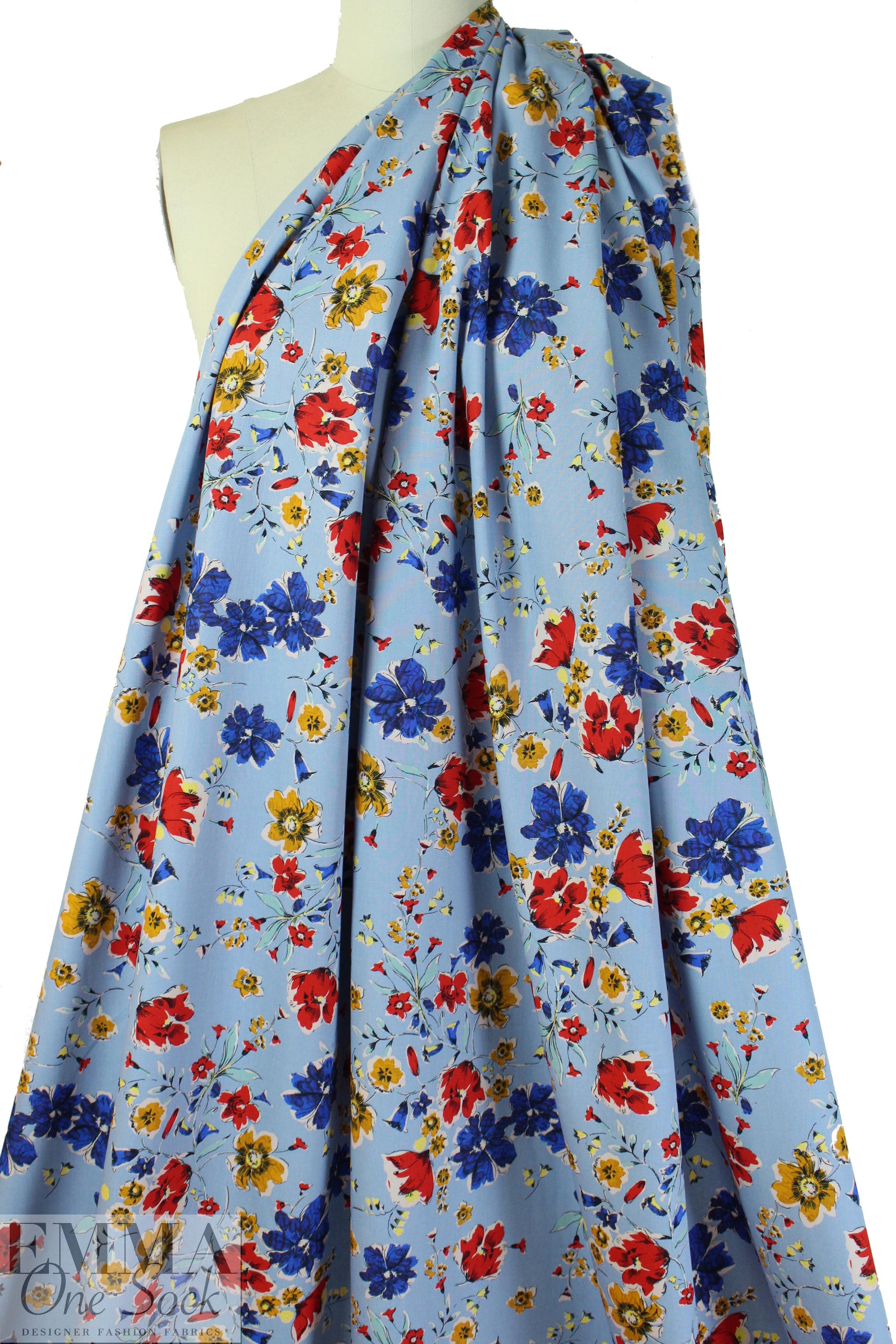 Italian blue/red/mustard 'les fleurs' cotton woven 1.5 yd