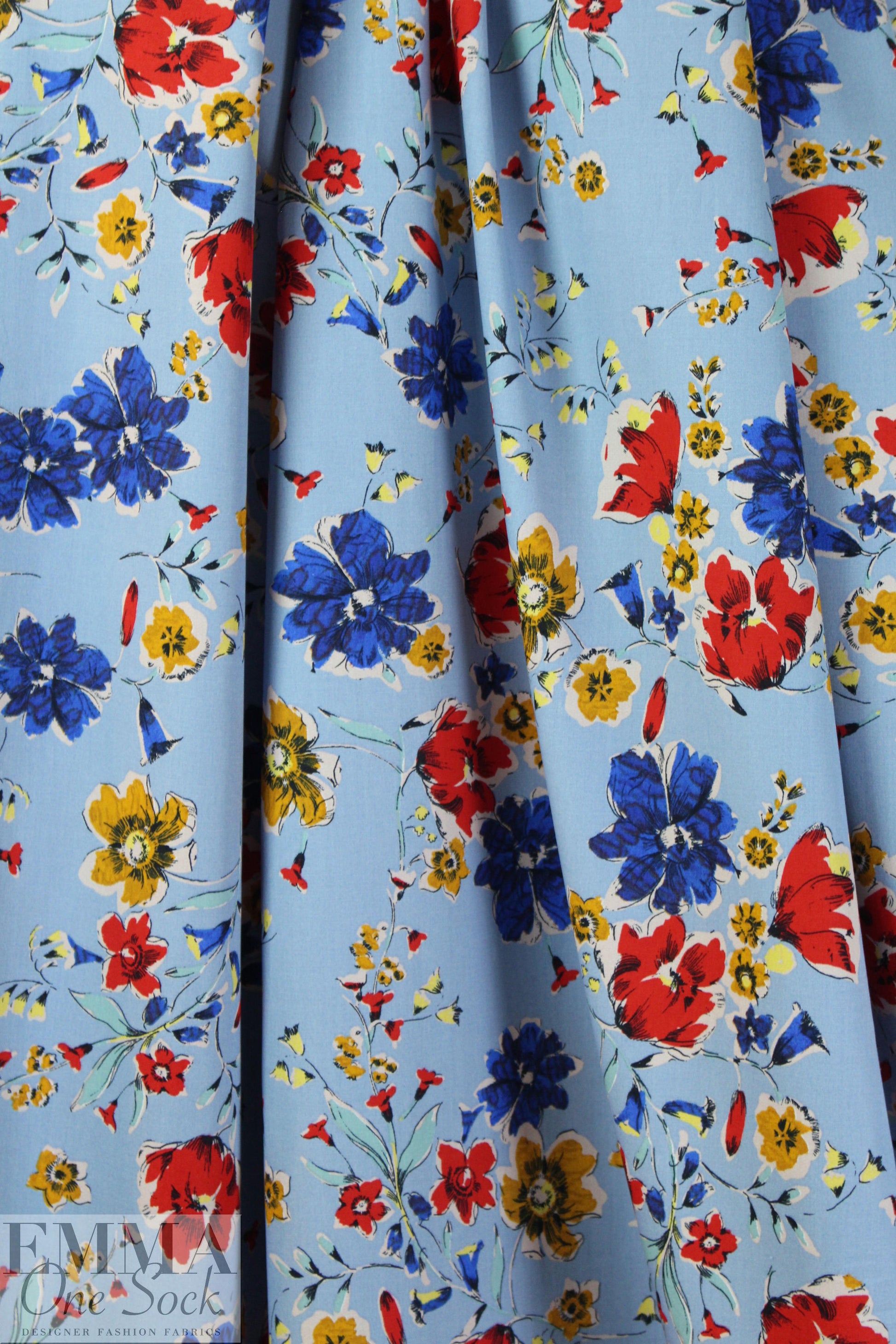 Italian blue/red/mustard 'les fleurs' cotton woven 1.625 yd