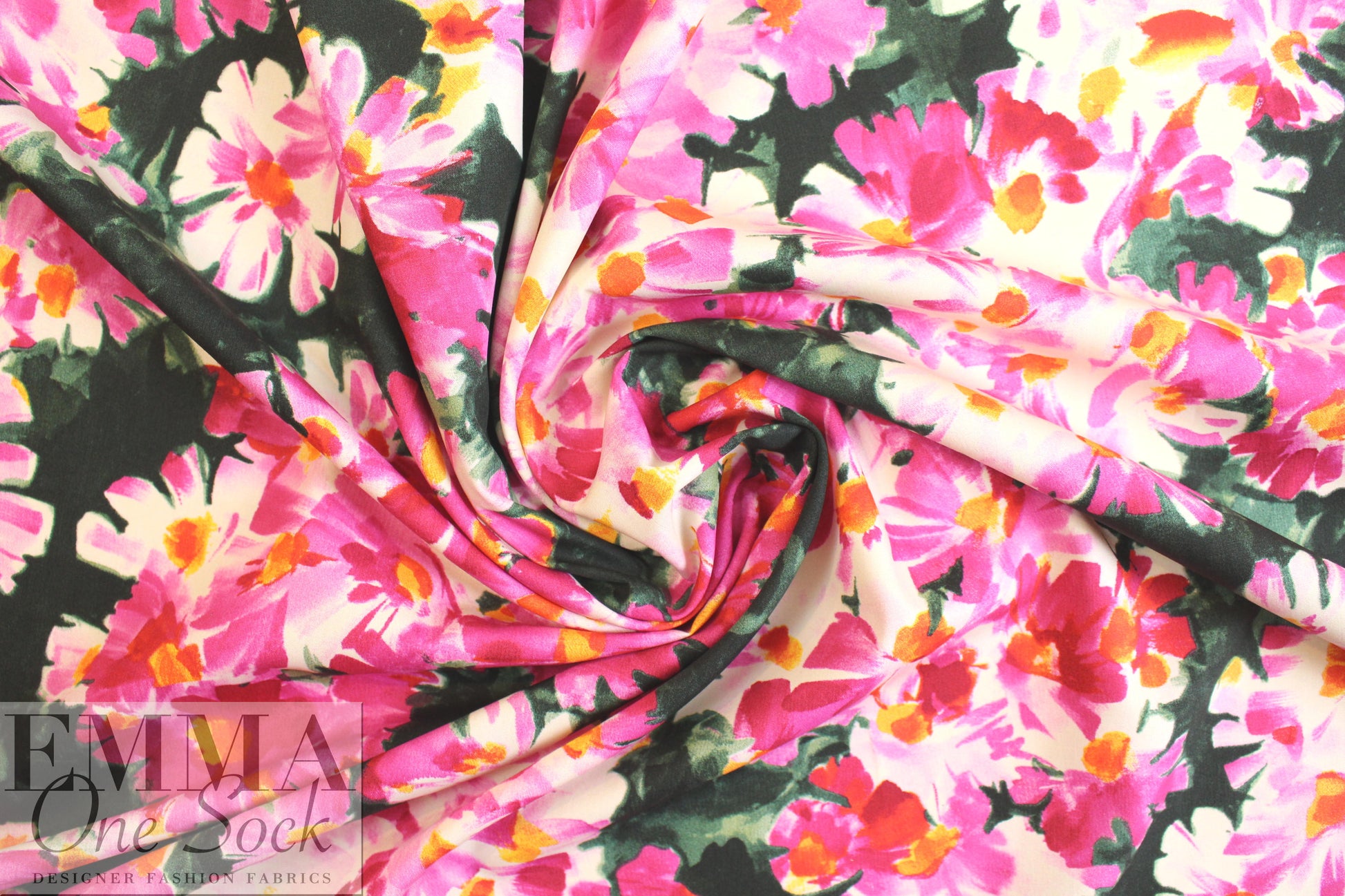 Italian pink/forest floral clusters cotton woven