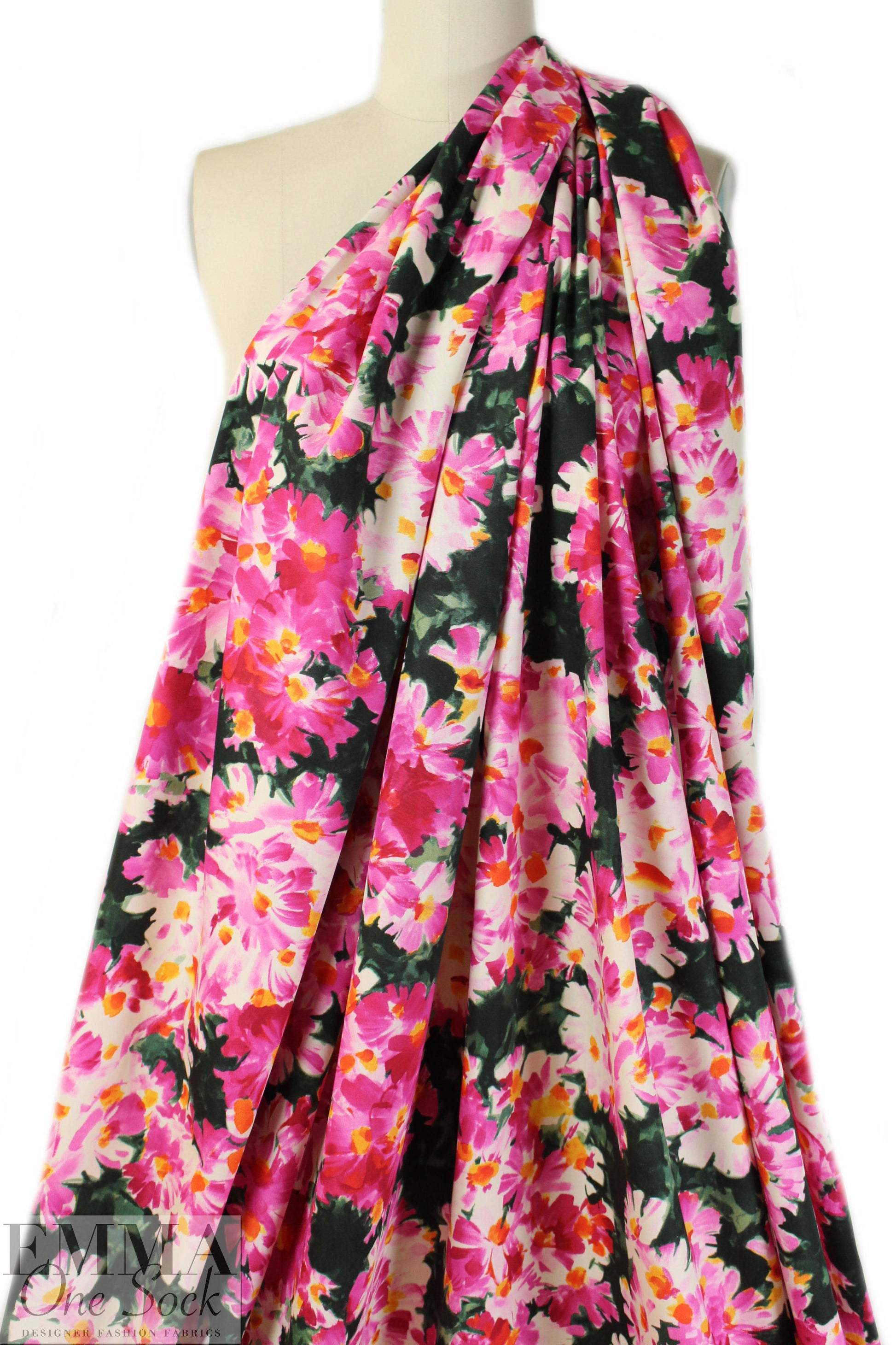 Italian pink/forest floral clusters cotton woven