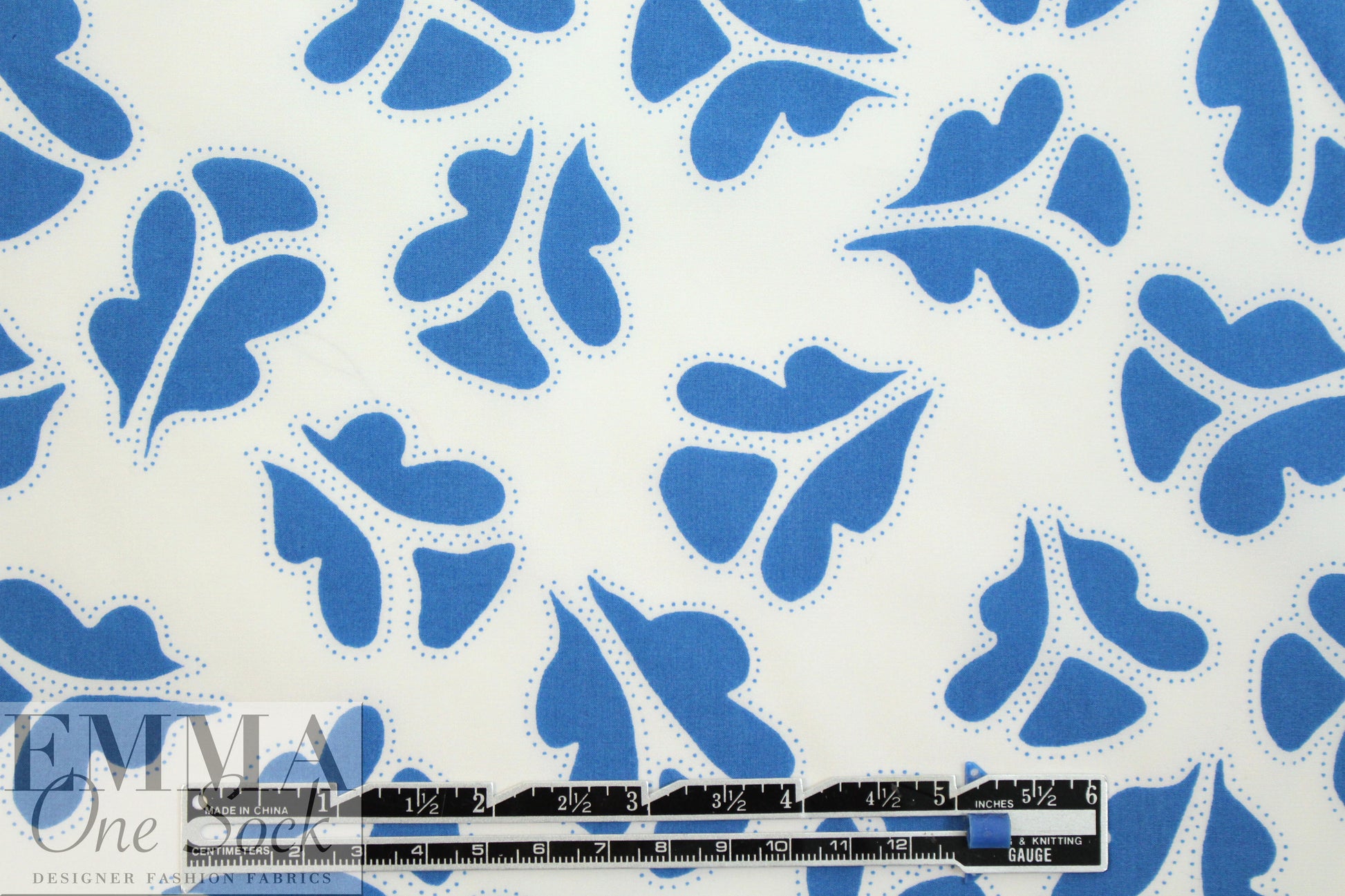 NY designer blue leaf stamp on white cotton shirting 1 yard