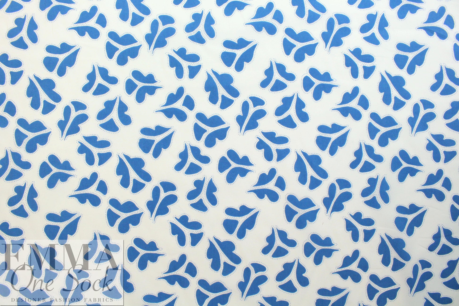 NY designer blue leaf stamp on white cotton shirting 1.5 yds