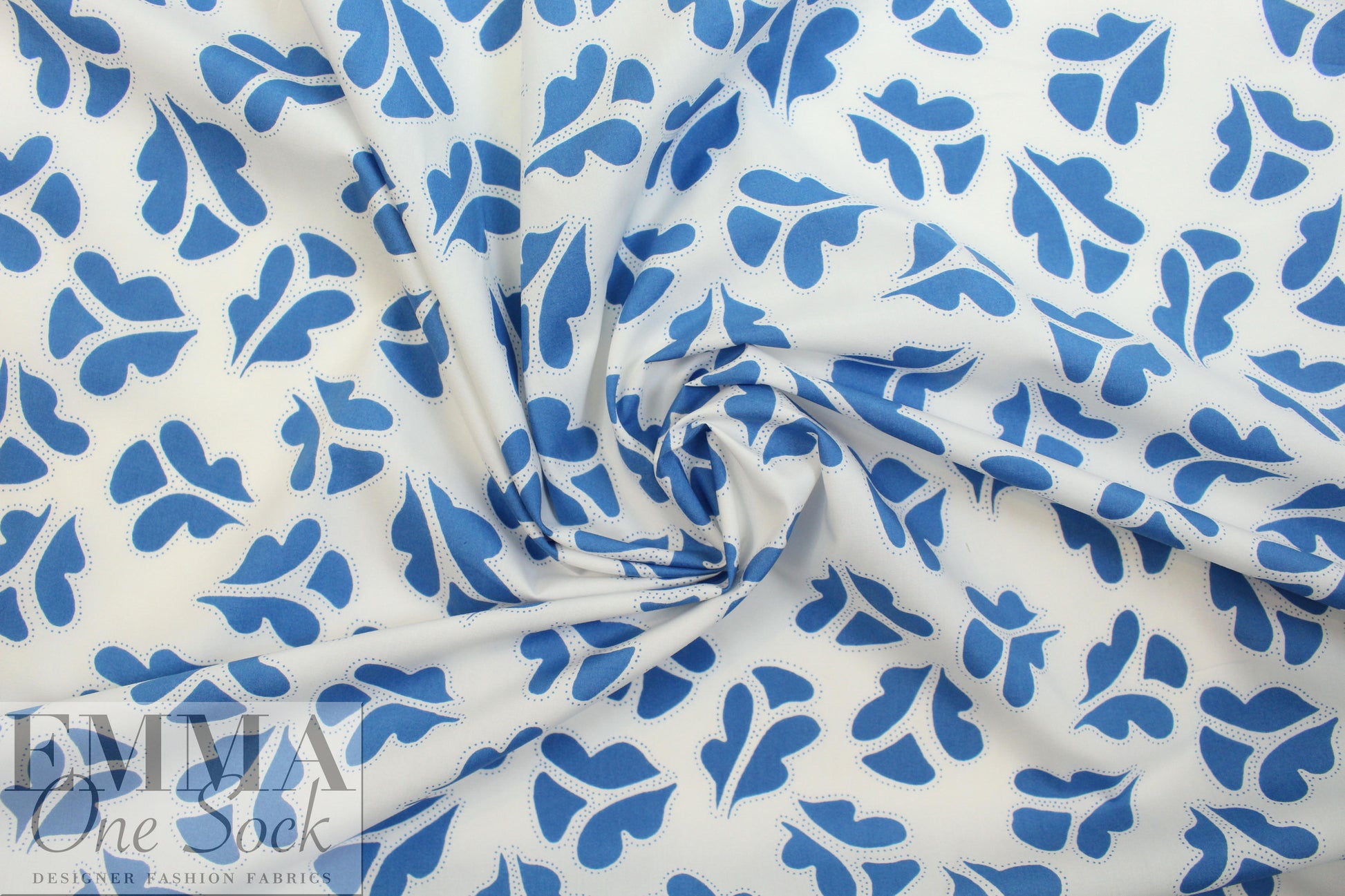 NY designer blue leaf stamp on white cotton shirting 1.5 yds
