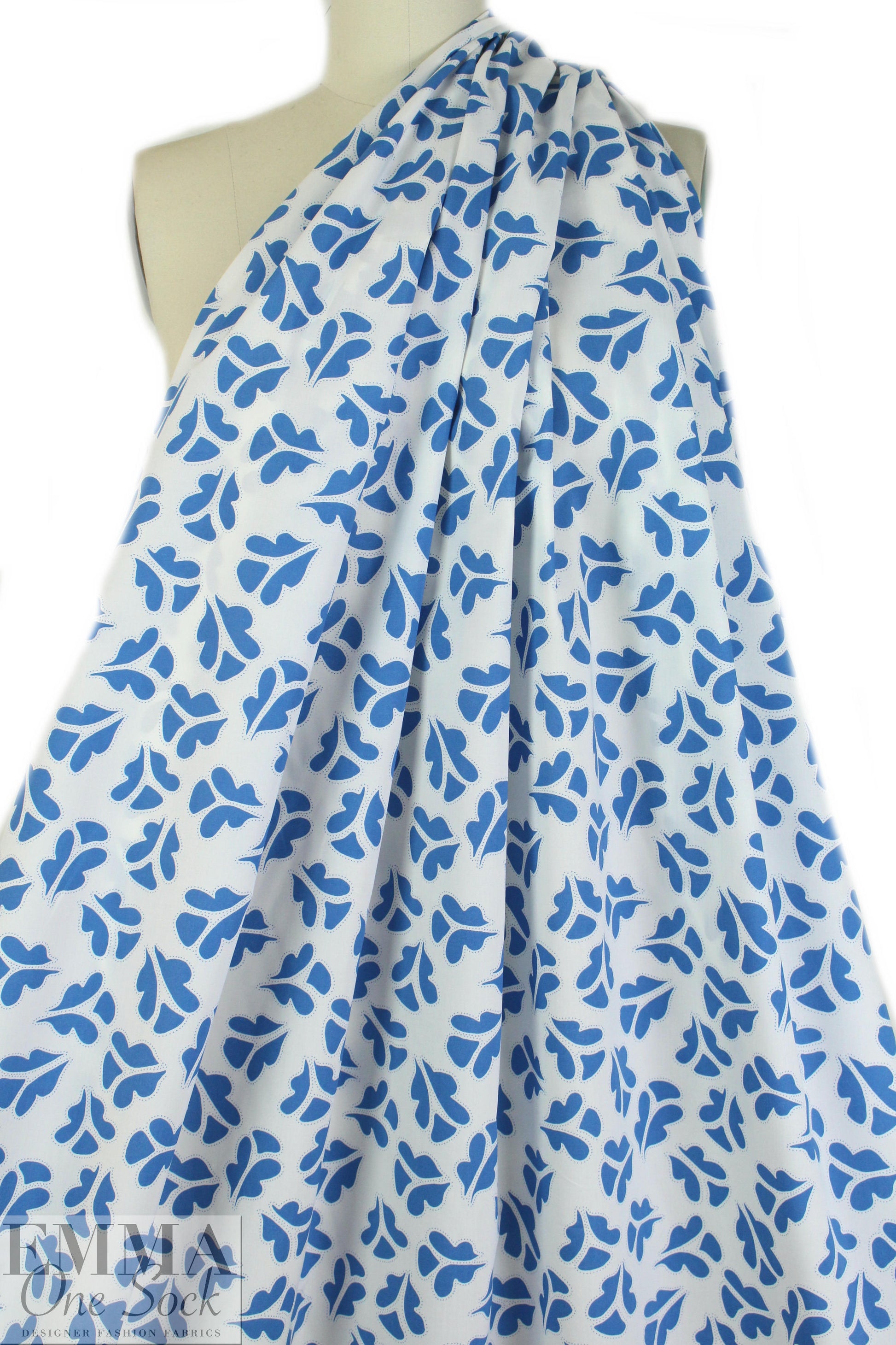 NY designer blue leaf stamp on white cotton shirting 1 yard
