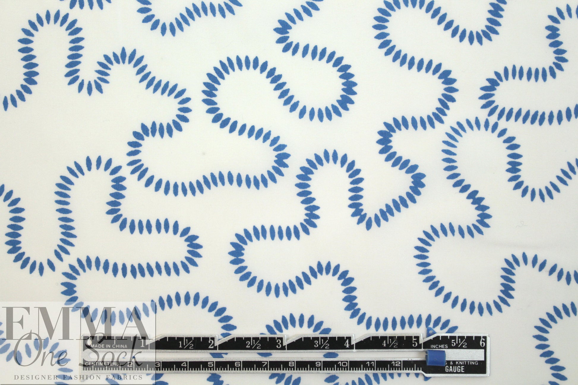 NY designer blue serpentine on white cotton shirting 1 yard