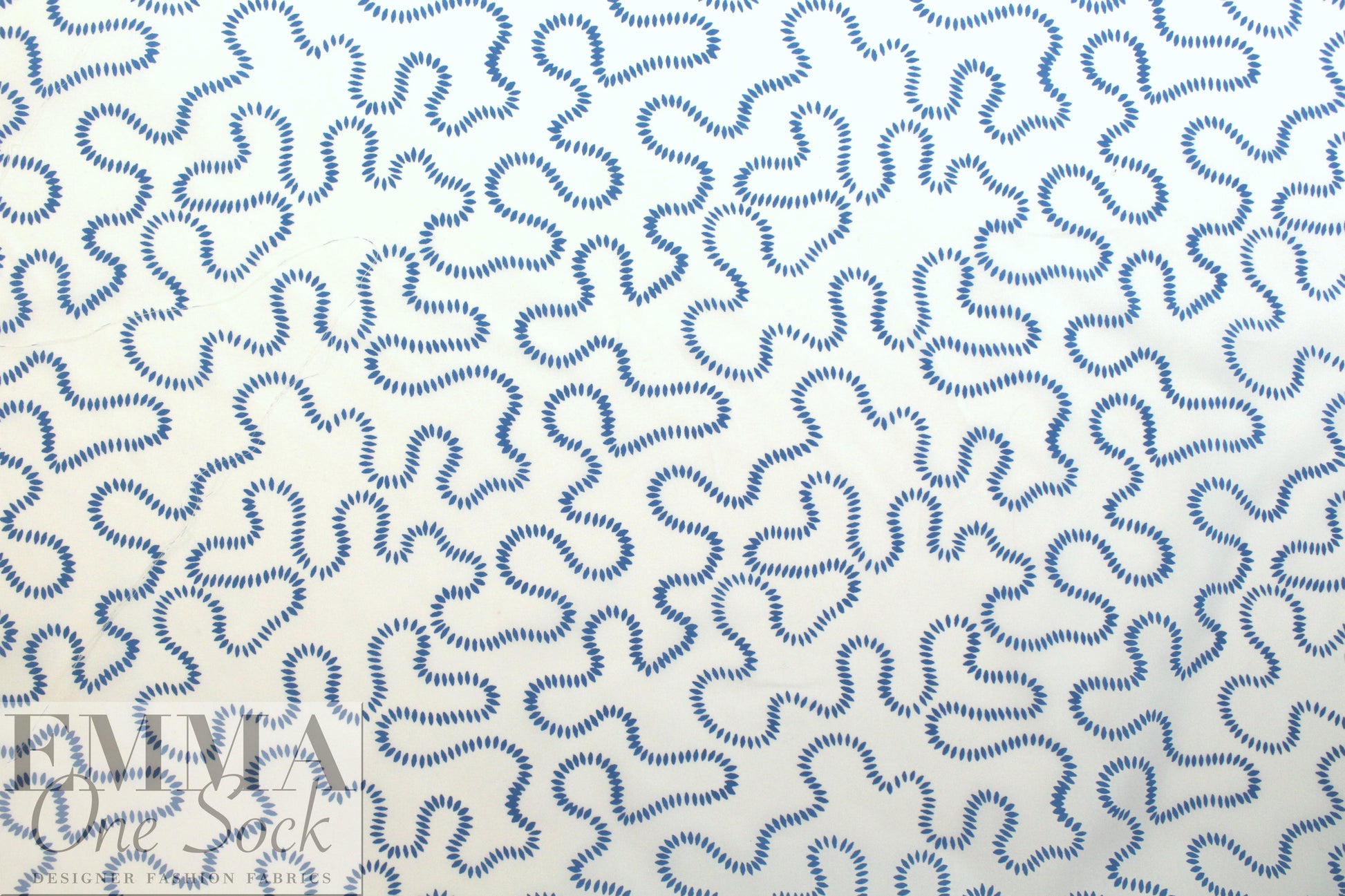 NY designer blue serpentine on white cotton shirting 1.5 yds