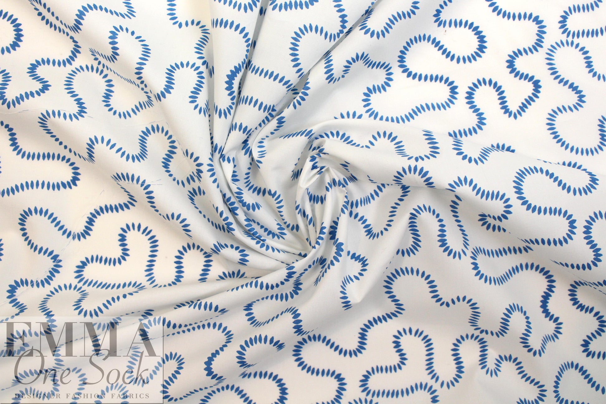 NY designer blue serpentine on white cotton shirting 1 yard
