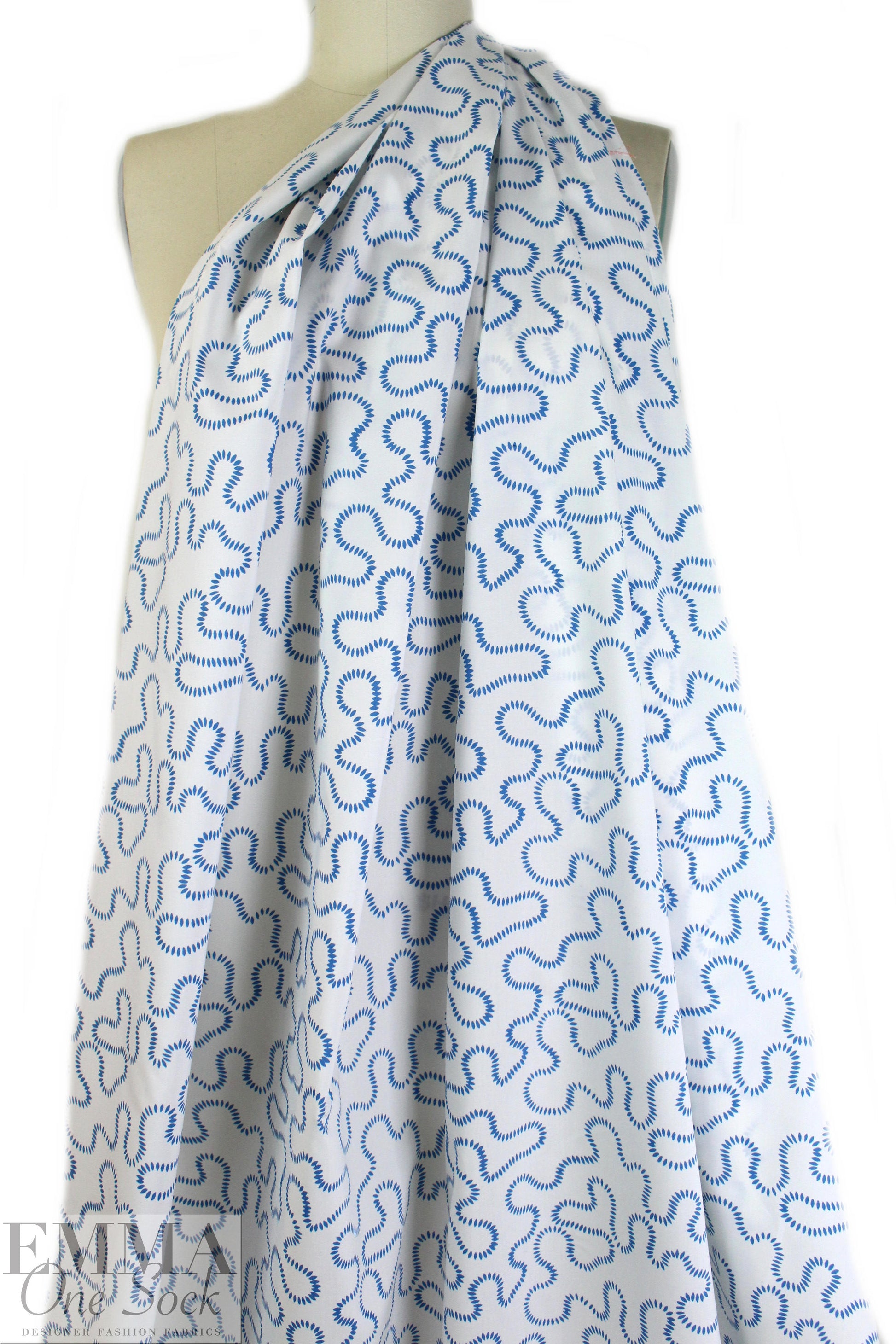 NY designer blue serpentine on white cotton shirting 1 yard