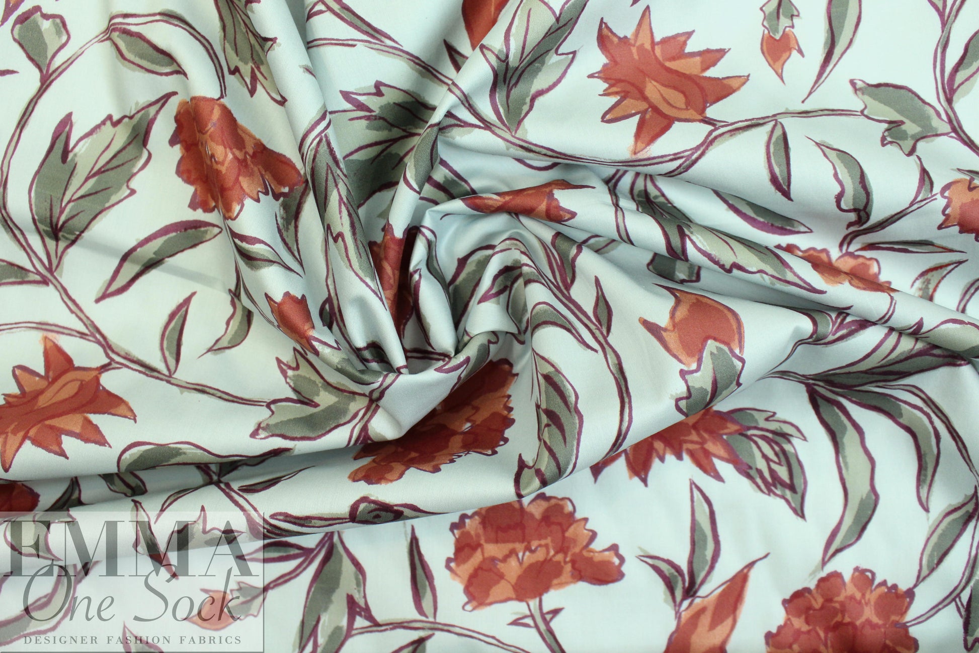 NY designer mint/brick floral cotton shirting 2 yds