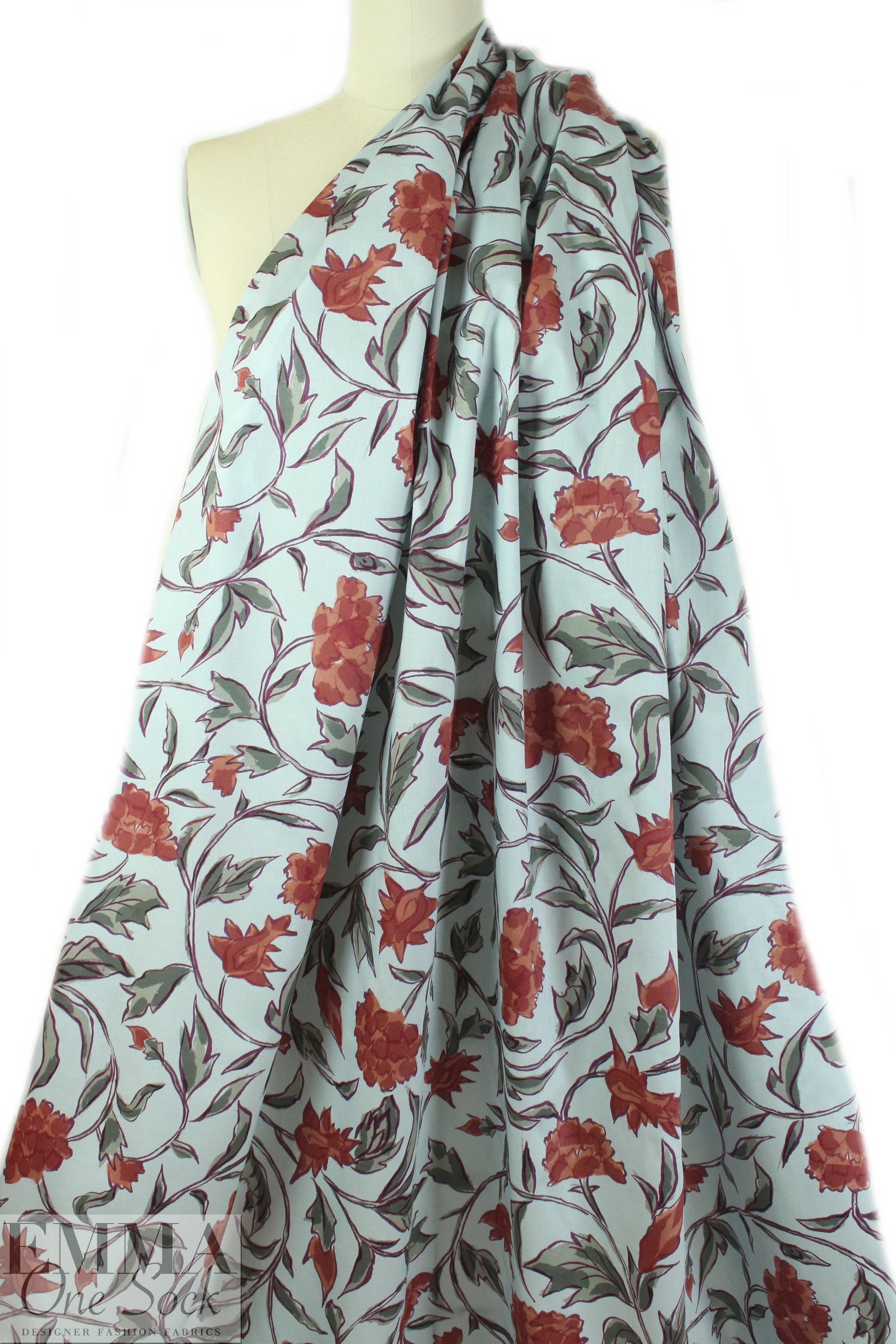 NY designer mint/brick floral cotton shirting 2 yds