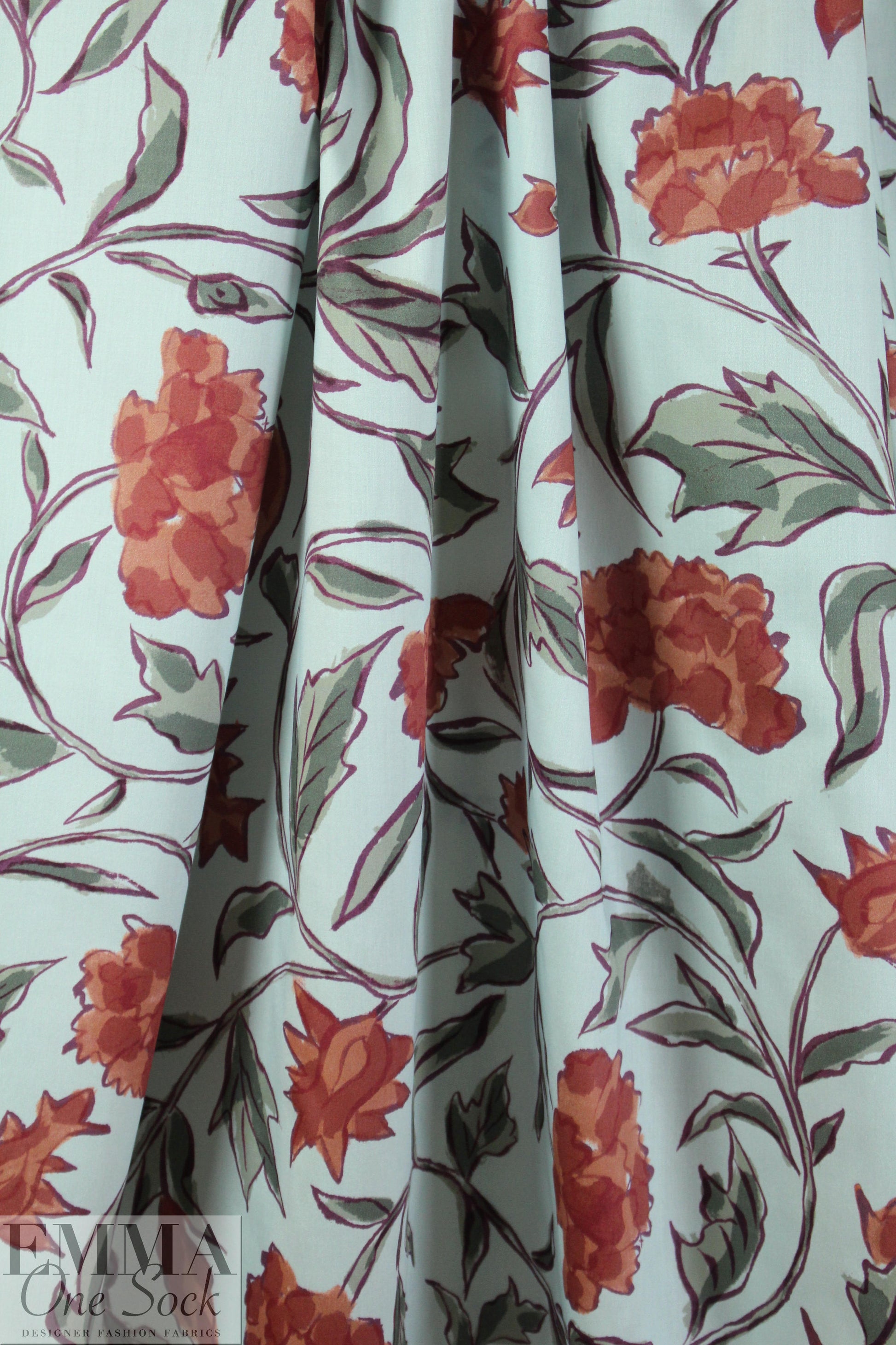 NY designer mint/brick floral cotton shirting 2 yds