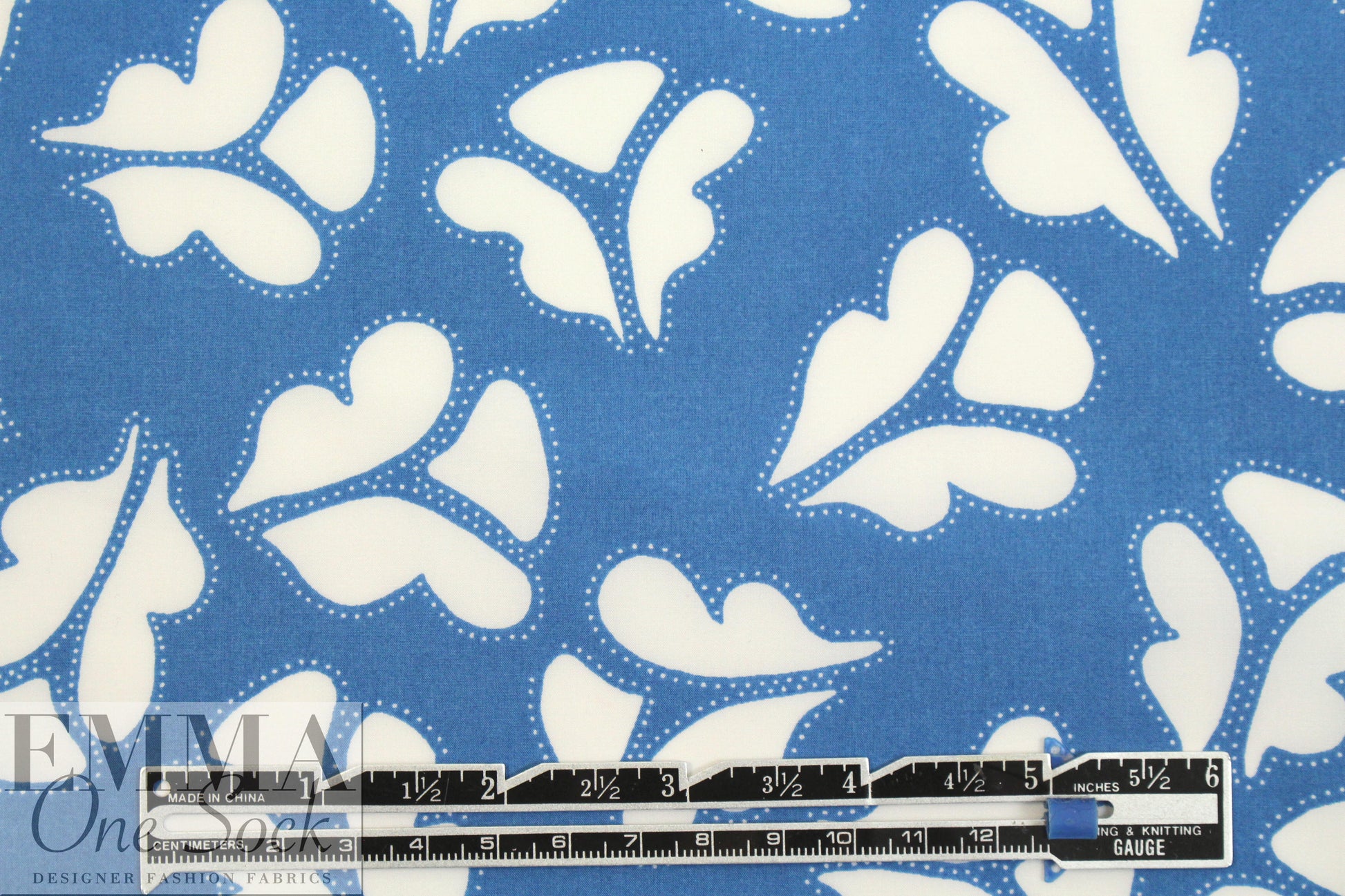 NY designer white leaf stamp on blue cotton shirting 1.5 yds