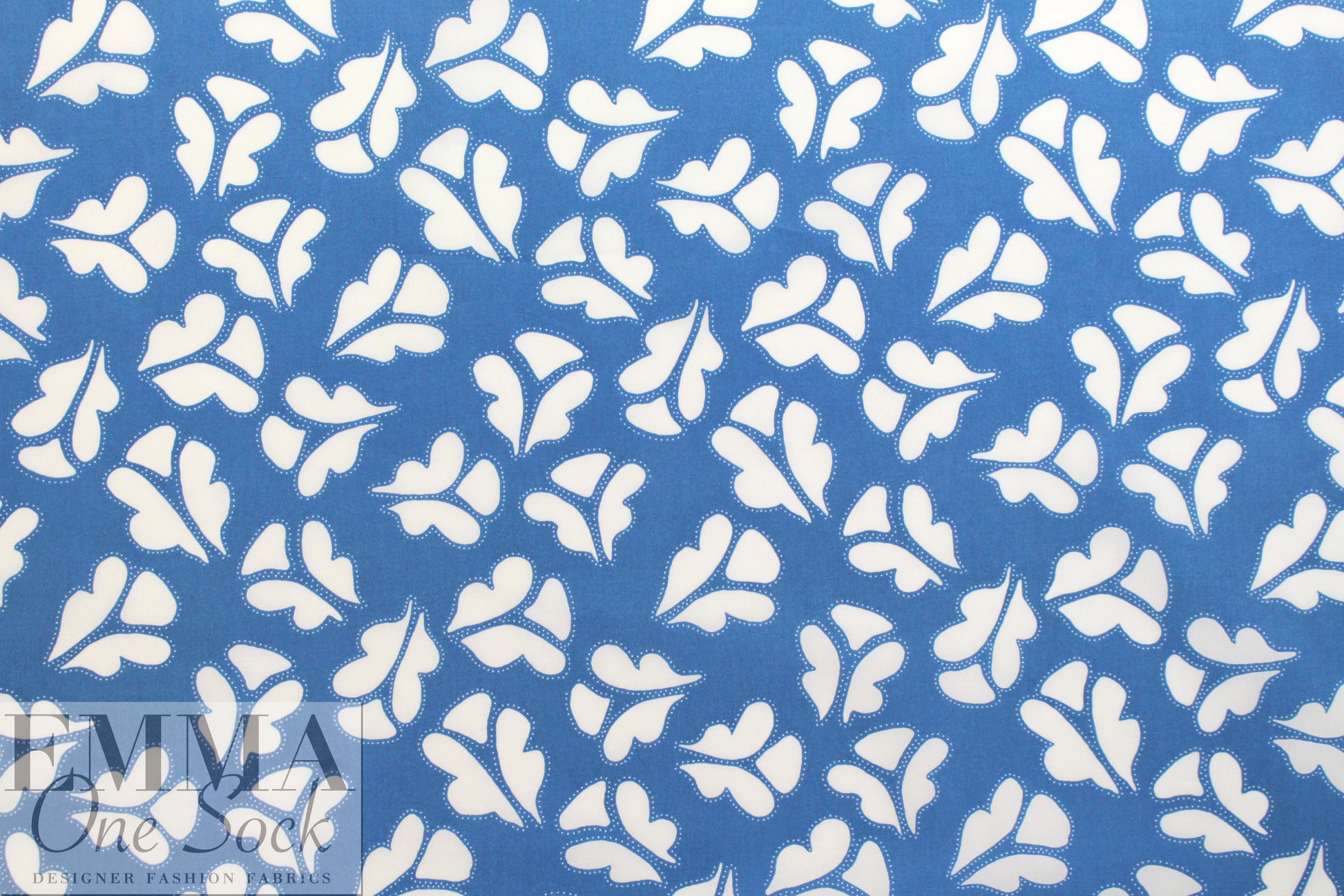 NY designer white leaf stamp on blue cotton shirting 1.5 yds