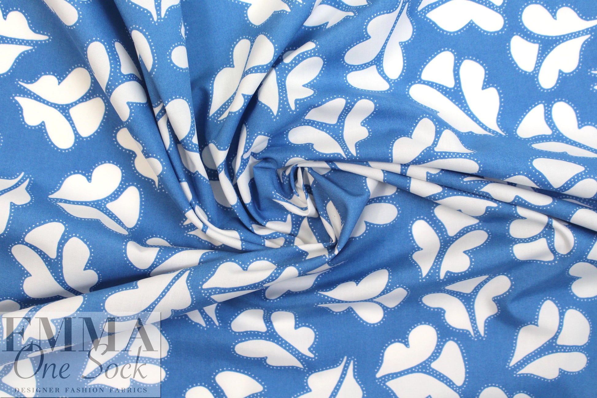 NY designer white leaf stamp on blue cotton shirting 2.6 yds