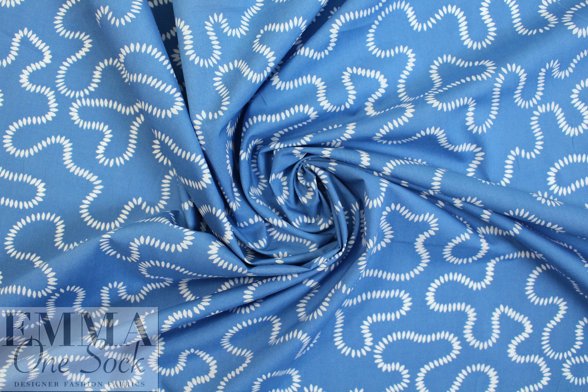 NY designer white serpentine on blue cotton shirting 1.2 yds