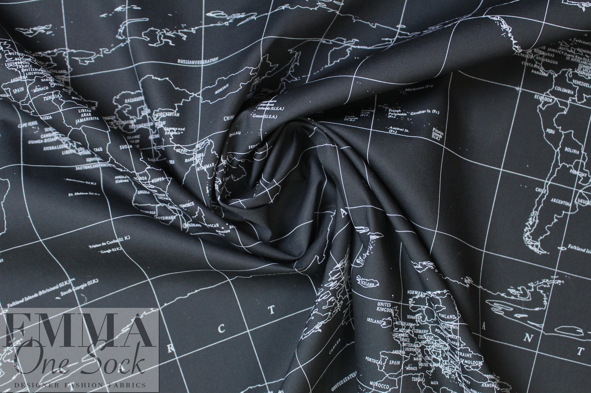 NY designer black/white world map cotton poplin